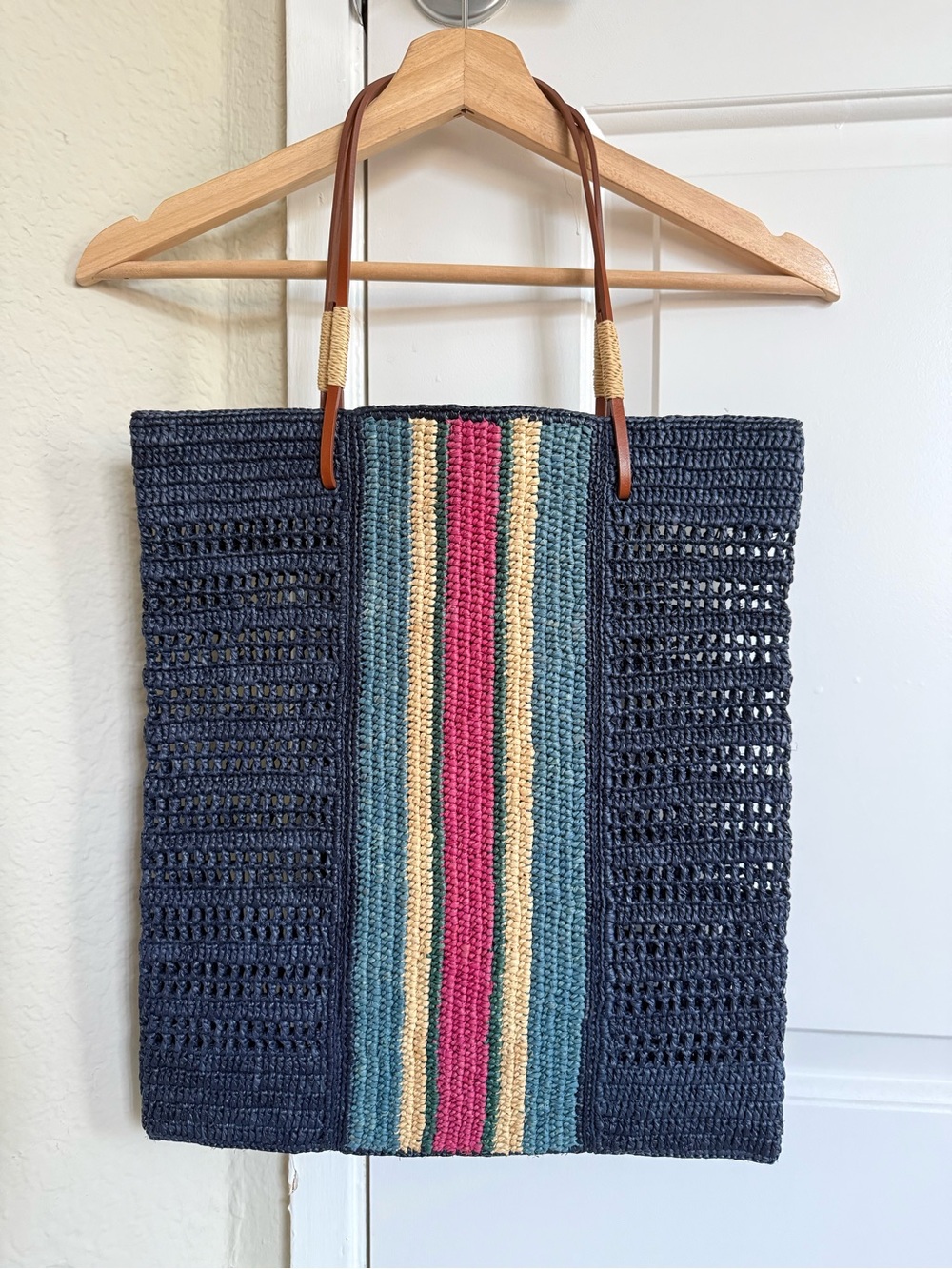 Sezane Francisco Basket Bag - Raffia - Navy with Stripes - Leather Handles - Picture 4 of 9